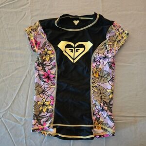 Roxy Kids Girls Rash Guard Top Black Floral Heart Logo Short Sleeve